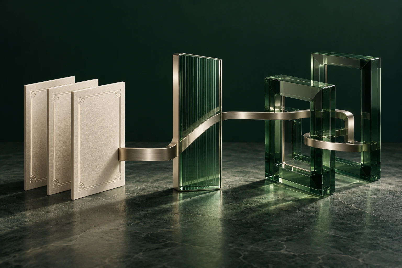 Light document panels connect with forest-green glass frames to illustrate digital securities structures