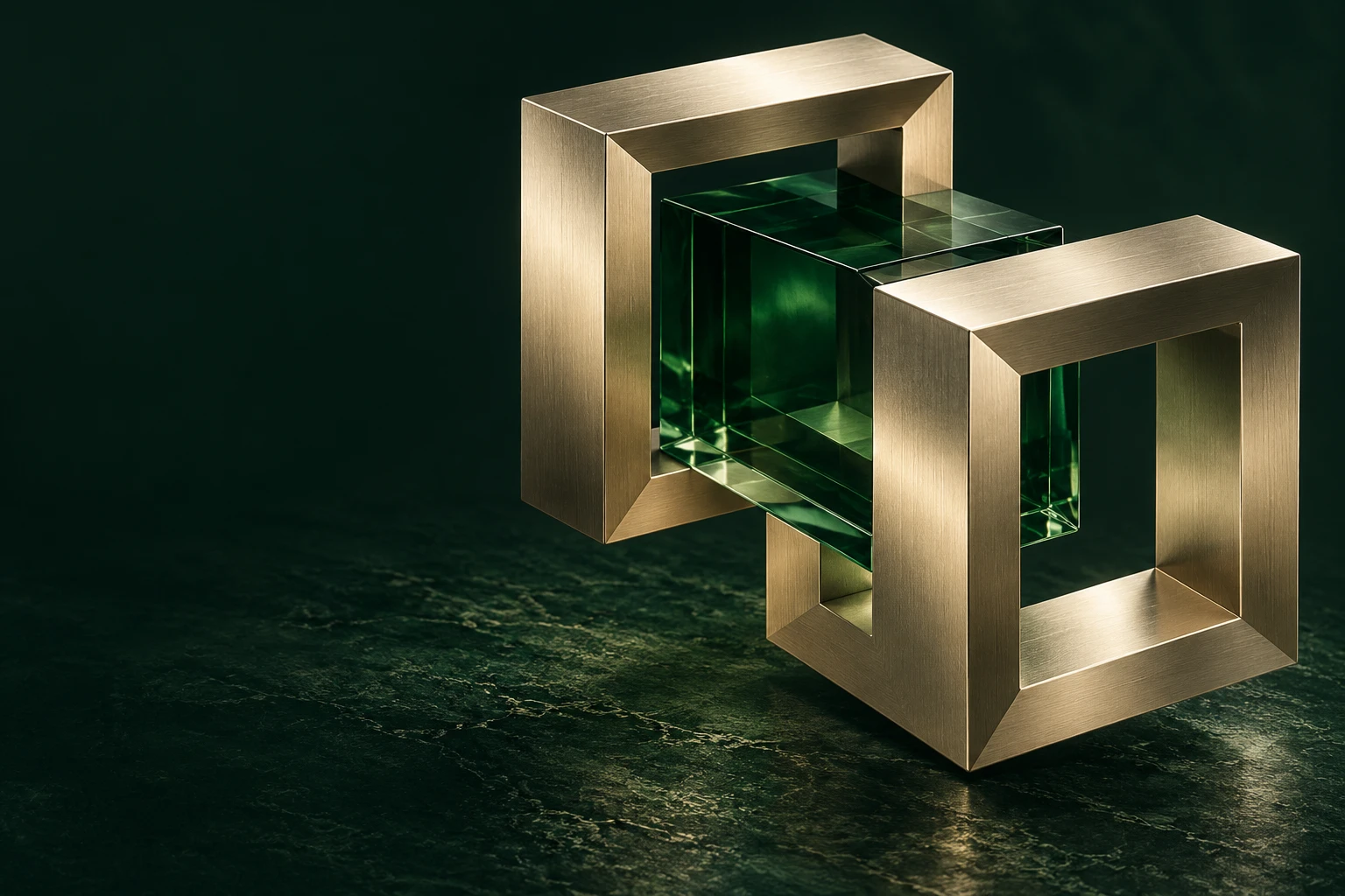 Interlocking metal frames and a forest-green glass form, a sculpture connecting private markets and digital securities